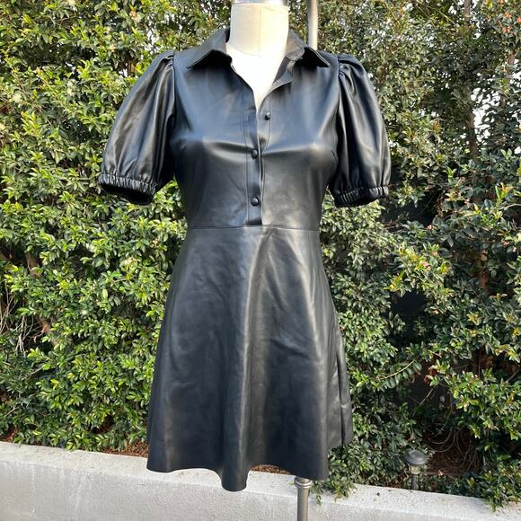 Zara Black Patent Faux Leather Puff Sleeve Whimsy Goth Pleather Mini Dress Med - Picture 4 of 10